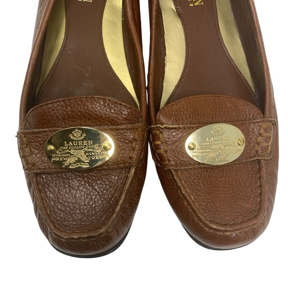 Ralph Lauren Brown Leather Loafers • Gold Medallion Flats Size 6.5 - Picture 4 of 8